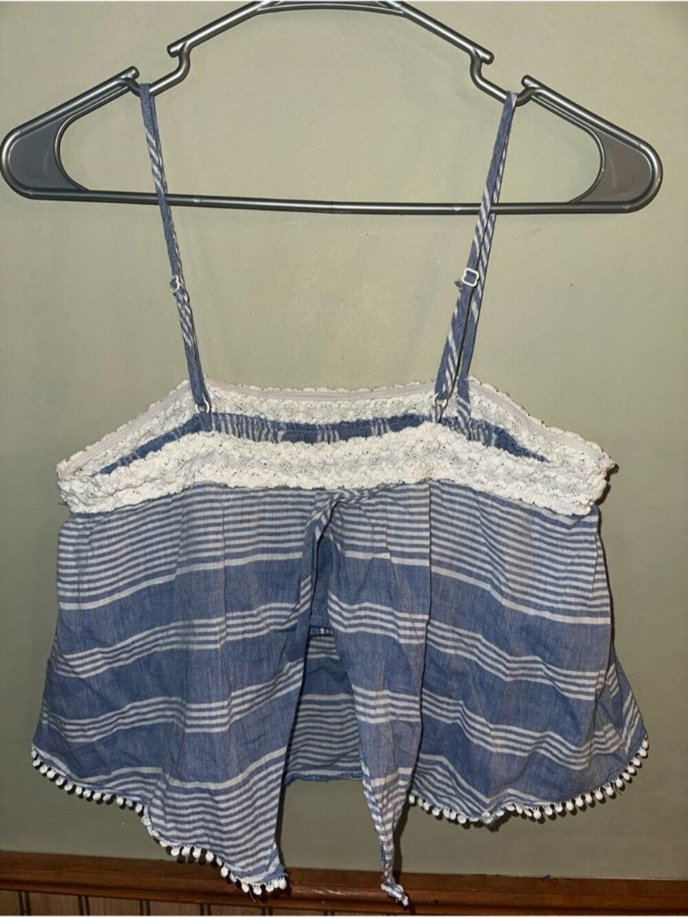 Blue and White Striped Crochet-Trim Crop Top